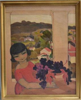 Imagen del vendedor de Jeune fille  la coupe de fruits sous la colonnade. Original painting. a la venta por Wittenborn Art Books