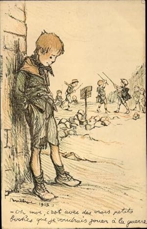Bild des Verkufers fr Knstler Ansichtskarte / Postkarte Poulbot, Francisque, Junge steht an einer Mauer, Kinder spielen Soldaten zum Verkauf von akpool GmbH