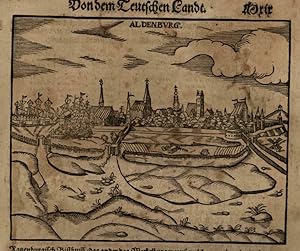 Aldenburg Germany birds-eye city view 1598 Munster Cosmography wood cut print