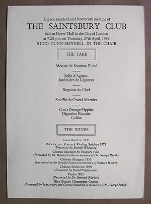 The One Hundred and Fourteenth Meeting of the Saintsbury Club. Held at Vintners' Hall in the City...