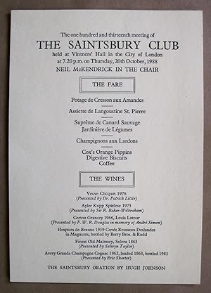 The One Hundred and Thirteenth Meeting of the Saintsbury Club. Held at Vintners' Hall in the City...
