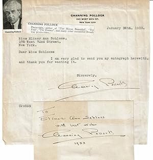 TYPED NOTE SIGNED BY PLAYWRIGHT, CRITIC AND FILM SCENARIST CHANNING POLLOCK TOGETHER WITH A CARD ...