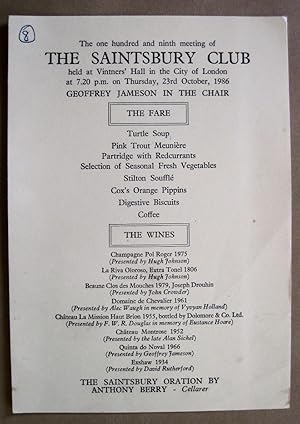 The One Hundred and Ninth Meeting of the Saintsbury Club. Held at Vintners' Hall in the City of L...