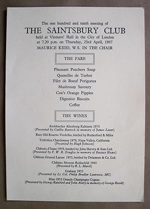 The One Hundred and Tenth Meeting of the Saintsbury Club. Held at Vintners' Hall in the City of L...