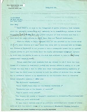 Imagen del vendedor de TYPED LETTER, BOLDLY SIGNED by the Hungarian-born Feminist & Pacifist ROSIKA SCHWIMMER, making mention of Henry Ford's 1915 Peace Ship expedition which she initially led. a la venta por Blue Mountain Books & Manuscripts, Ltd.