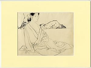 Antique Drawing-JAPANESE FEMALE FIGURE-BATH-Kajita Hanko-c.1910