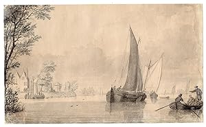 Antique Drawing-DUTCH RIVER VIEW-SHIPS-Swertner-c.1770