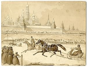 Antique Drawing-SLEDGE RACES-KREMLIN MOSCOW-HORSES-Manuel-c.1875
