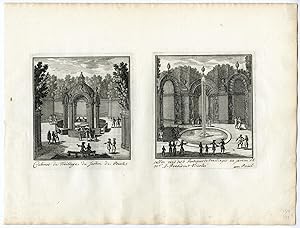 2 Antique Prints-TRELLIS-FOUNTAIN-GARDEN ARCHITECTURE-PRESLE-NICOLAI-PERELLE after own design-c.1670