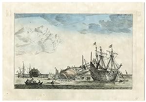 Antique Print-REPAIRING-WATERPROOFING HULL-SHIP-NOOMS-ZEEMAN after own design-c.1650