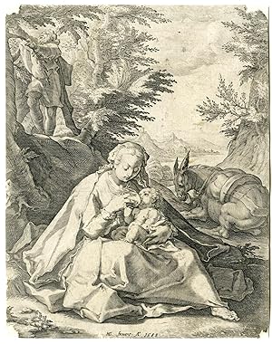 Antique Master Print-HOLY FAMILY-REST ON FLIGHT TO EGYPT-Goltzius-Matham-1589
