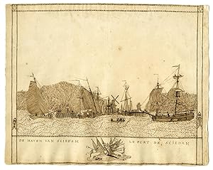 Antique Drawing-HARBOUR-SCHIEDAM-BOATS-SHIPS-DE JONG-c.1780