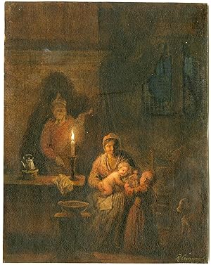 Antique Drawing-FAMILY BY CANDLELIGHT-Craeyvanger-pre-1859