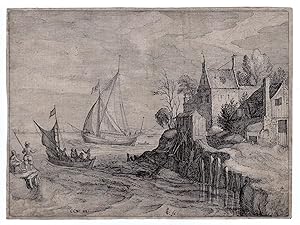 Rare Antique Master Print-SHIPS AT THE COAST-Visscher II after van Wieringen-c. 1600