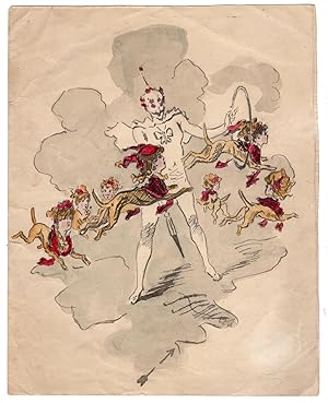 4 Antique Drawings-SATIRE-COSTUME-THEATER-CIRCUS-JOKER-Monogram A.B-19th.c.