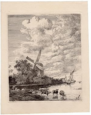 Antique Print-RIVER-WINDMILL-COWS-BOAT-VAN OS after RUISDAEL-c. 1791-1839
