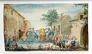 Rare Antique Drawing-VILLAGE PARTY-WEDDING-DANCE-MUSIC-BAGPIPE-Anonymous-18th.c