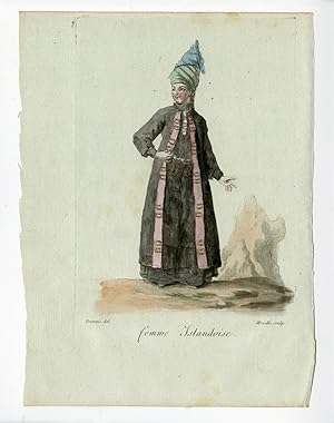 2 Antique Prints-WOMAN-MAN-ICELAND-COSTUME-Desrais-Grasset-Mixelle-1784
