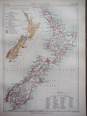 Antique Map of New Zealand and Bedford from Encyclopaedia Britannica, Ninth Edition Vol. XVII Pla...