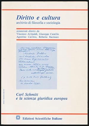 Bild des Verkufers fr Diritto e cultura. Archivio di filosofia e sociologia. 1/95. Carl Schmitt e la scienza giuridica europea. Semestrale diretto da Vencenzo Atripaldi, Giuseppe Cantillo, Agostino Carrino, Roberto Racinaro. zum Verkauf von Antiquariat Lenzen