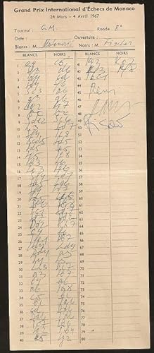 Grand Prix International d'Echecs de Monaco 1967 (score sheet)