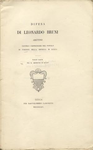 Bild des Verkufers fr Difesa di Leonardo Bruni aretino contro i riprensori del popolo di Firenze nella impresa di Lucca. Dalle carte dell' Archivio di Stato. Nelle nozze Guerra - Mariani. zum Verkauf von studio bibliografico pera s.a.s.