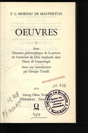 Bild des Verkufers fr OEUVRES. Avec l'Examen philosophique de la preuve de l'existence de Dieu employee dans l'Essai de Cosmologie. zum Verkauf von Antiquariat Bookfarm