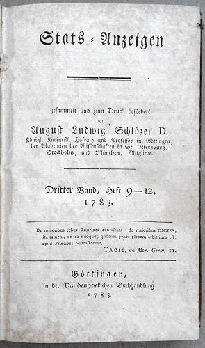 Bild des Verkufers fr Stats-Anzeigen. Dritter Band, Heft 9-12- 1783. zum Verkauf von Andreas Schller
