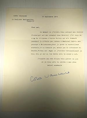Cora Vaucaire. Lettre dactylographiée signée. Paris, 16 septembre 1970