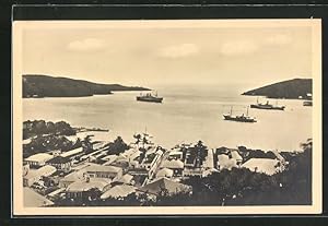 Postcard St. Thomas, Habor, Hafen mit Dampfern bei Ein- und Ausfahrt