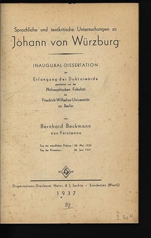 Seller image for Sprachliche und textkritische Untersuchung zu Johann von Wrzburg. for sale by Antiquariat Bookfarm