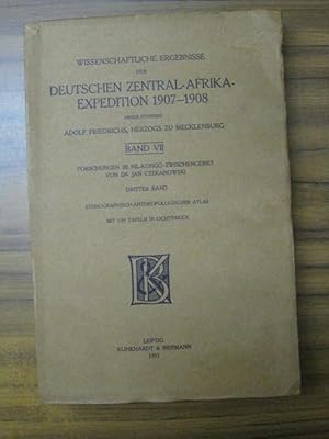 Bild des Verkufers fr Forschungen im Nil-Kongo-Zwischengebiet. Dritter Band: Ethnographisch-Anthropologischer Atlas. Zwischenseen-Bantu. Pygmen und Pygmoiden. Urwaldstmme. (= Wissenschaftliche Ergebnisse der Deutschen Zentral-Afrika-Expedition 1907-1908 unter Fhrung von Adolf Friedrichs Herzog zu Mecklenburg. Band VII Ethnographie und Anthropologie III ). zum Verkauf von Antiquariat Carl Wegner