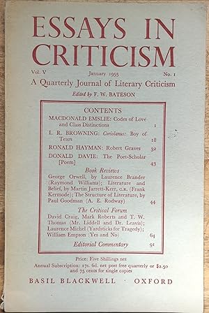 Immagine del venditore per Essays In Criticism A Quarterly Journal of Literary Criticism January 1955 Vol.V No.1 venduto da Shore Books