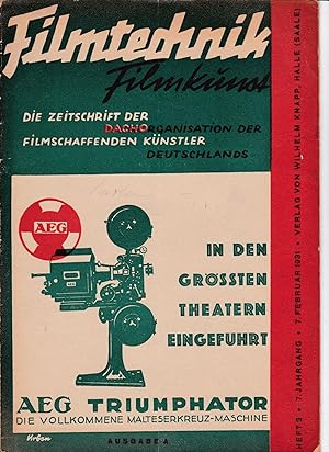 Seller image for Filmtechnik - Filmkunst. Zeitschrift fr alle knstlerischen, technischen und wirtschaftlichen Fragen des Filmwesens. Heft 3, 7. Jahrgang, 7. Februar 1931, for sale by Antiquariat Kastanienhof