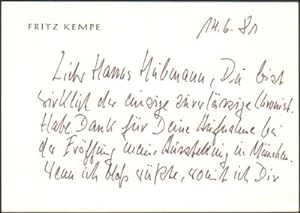 Eigenhändige Briefkarte von Fritz Kempe an Hanns Hubmann vom 14.6.1981.