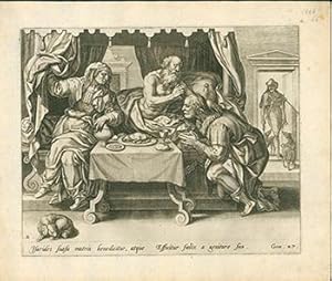 Engraving from The Story of Jacob and Esau: Blind Isaac blessing Jacob disguised as Esau First ed...