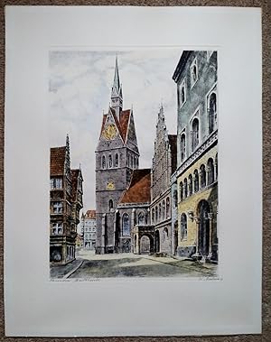 Large etching hand colour Hannover Marktkirche signed W Andreas c1975 unframed