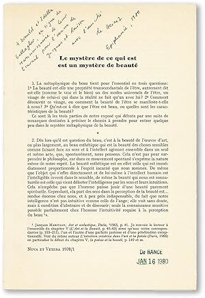 [Drop title] Le Mystère de Ce Qui Est Est un Mystère de Beauté [Inscribed and Signed]