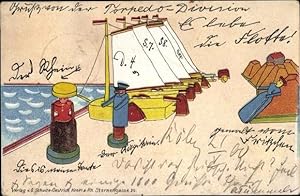 Künstler Ansichtskarte / Postkarte Segelschiffhafen aus Holz, Spielfiguren