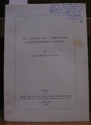 Imagen del vendedor de EL CANIGO DE J. VERDAGUER, LLIO D'HISTORIA NATURAL. Separata a la venta por LLIBRES del SENDERI