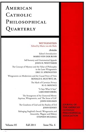 Image du vendeur pour American Catholic Philosophical Quarterly, 85, 4, Fall 2011 : WITTGENSTEIN. mis en vente par Steven Wolfe Books