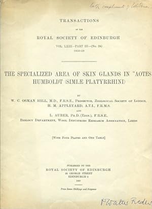 Bild des Verkufers fr The Specialized Area of Skin Glands in " Aotes " Humboldt ( Simiae Platyrrhini ). with four Plates and one Table, Transactions of the Royal Society of Edinburgh Vol. LXIII - Part III - ( No. 24 ) 1958-59. zum Verkauf von Antiquariat Buchseite