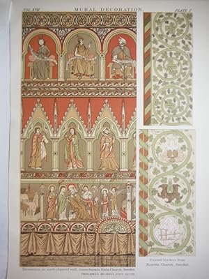 Antique Color Lithograph of Mural Decorations of Sweden Churches from Encyclopaedia Britannica, N...