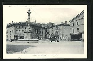 Carte postale Montluel, Place Carnot, vue de la rue avec automobiles et Säule