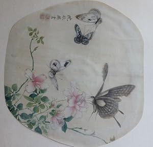 Schmetterlinge auf Rosenzweig : Original chinesische Fächermalerei, Rundfächer, signiert und mit ...