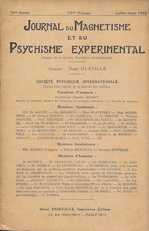 Bild des Verkufers fr Journal du magntisme et du psychisme exprimental. 78 anne - 53e Volume - Juillet - Aot 1925 zum Verkauf von LIBRAIRIE GIL-ARTGIL SARL