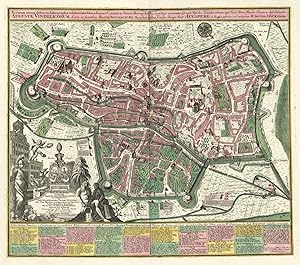 Bild des Verkufers fr Vogelschauplan mit Einzeichnung der wichtigsten Gebude ('Neu verfertigt accurater Grund Ri der Hochberhmten de Heil. Rm. Reichs Freyen u. de Schwbischen Creises Haupt Statt Augsburg, in Kupfer gestochen und verlegt von M. Seutter, I.R.K.M. Georgr.'). zum Verkauf von Antiquariat Norbert Haas