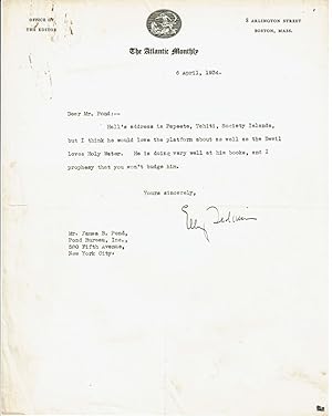 TYPED LETTER ABOUT "MUTINY ON THE BOUNTY" AUTHOR JAMES NORMAN HALL SIGNED BY ATLANTIC MONTHLY EDI...