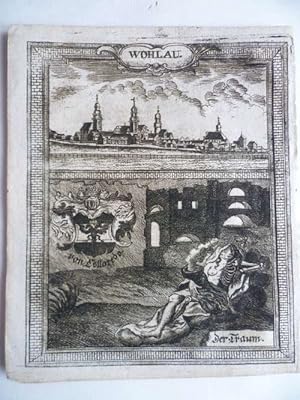 Wohlau. Stadtansicht, darunter Wappen der von Colloredo und allegorische Darstellung Der Traum.