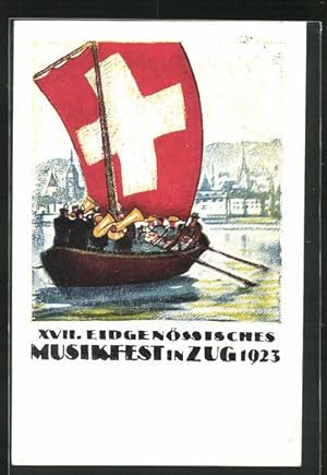 Künstler-Ansichtskarte Zug, XVII. Eidgenössisches Musikfest 1923, Kapelle auf einem Boot